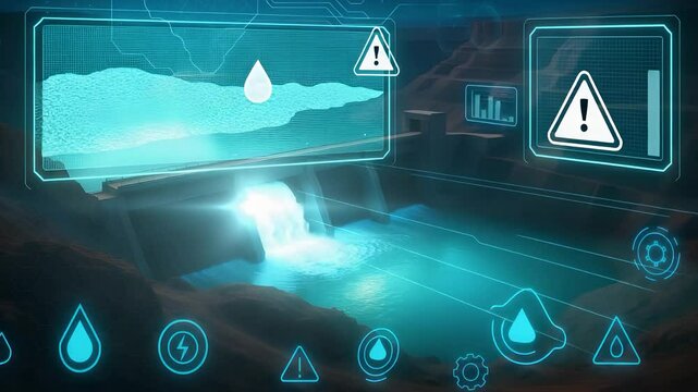 Holographic Water Monitoring System with Flow Analysis, Climate Alert Icons and Digital Hydrology Interface

