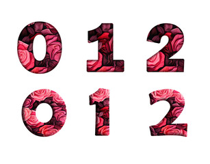Rose red flower 0, 1, 2, 3 Number letter text font  