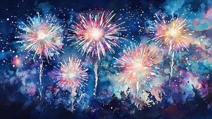 Fototapeta premium Whimsical Watercolor Depiction of Glowing Pastel Fireworks Illuminating the Night Sky
