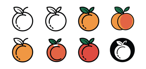 Set of Peach and Orange Fruit Icons Line Art