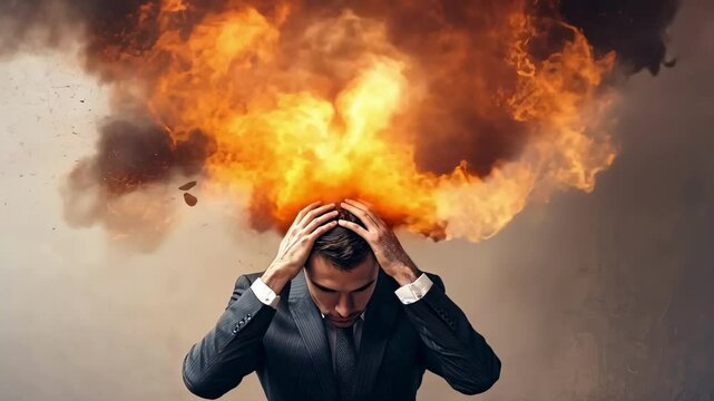 Business executive suffering from burnout syndrome with fire and smoke above his head, experiencing extreme stress, pressure, and mental exhaustion