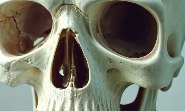 The detailed close-up reveals the unique shapes and contours of a human skull, highlighting the eye socket and jaw area in an educational context.