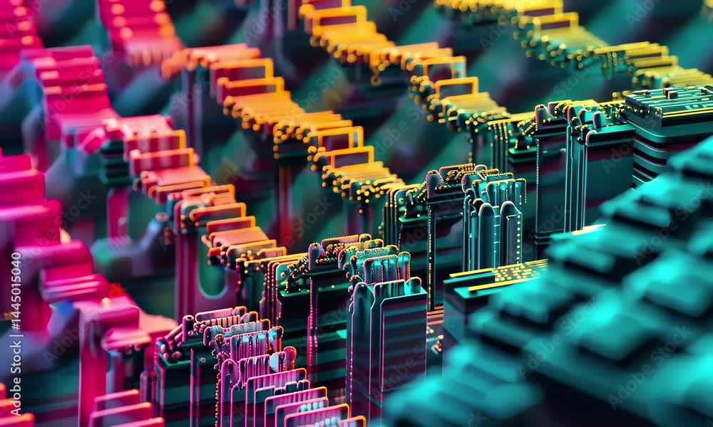 Poster interconnected wires create a vibrant display of colors in a technological environment, showcasing i