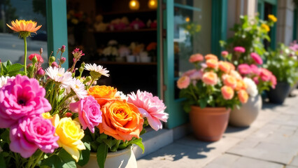 Colorful flower arrangements displayed outside flower shop with pots and bouquets in sunlight, concept of florist marketing garden center, spring decor.