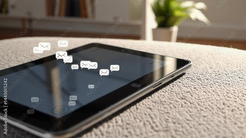Poster social media icons rapidly populating tablet screen, representing digital notification overload and 