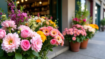 Fototapeta premium Colorful pastel flower arrangements displayed outside flower shop with pots and bouquets in sunlight, concept of florist marketing garden center, spring decor.