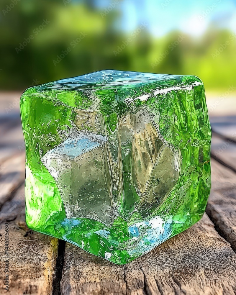 Aufkleber unique green ice cube floating in clear water with light reflections and intriguing shapes