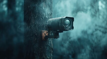 Surveillance camera in a misty forest