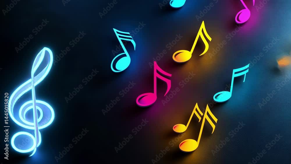Poster Colorful music notes pulsating and glowing against smoky background, creating dynamic visual representation of musical energy and rhythm through vibrant motion graphics