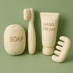 Everyday personal hygiene routine cute 3d plush toys -  tooth brush, tooth paste, soap, comb, hand cream on green background. Health and self care education in playful way.