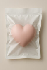 Cute pastel pink heart wrapped in a vacuum plastic bag. Love and feelings concept. Heart shaped candy or cake.