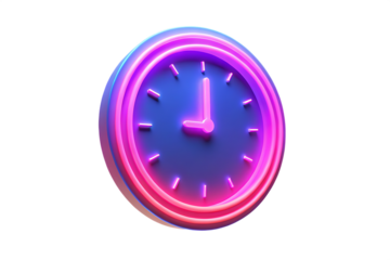 A clock symbol is shown in neon light   isolated on white background PNG