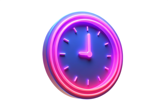 A clock symbol is shown in neon light   isolated on white background PNG