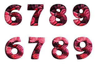 Rose red flower 6, 7, 8, 9 Number letter text font  