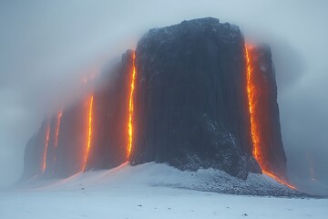 Fiery lava flows down a dark, snow-covered cliff face amidst fog