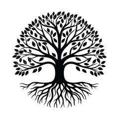 Black and White Tree Silhouette, Round Shape with Branches, Roots, and Leaves