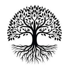Obraz premium Silhouette Tree With Branches, Roots, Foliage in Circular Shape on White Background