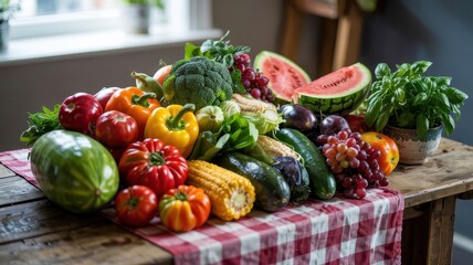 Summer table with watermelon, tomatoes, corn, zucchini and fresh herbs