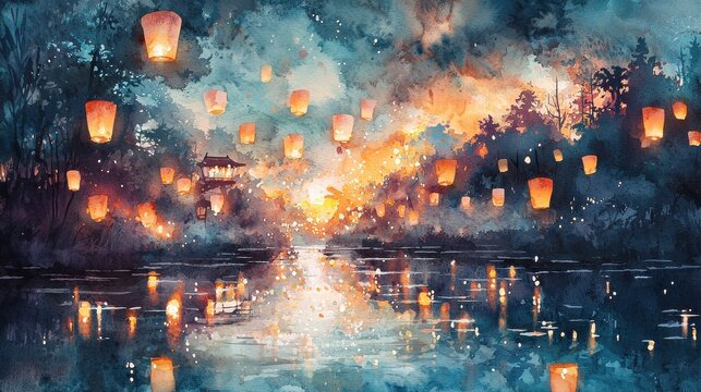 Whimsical Watercolor Illustration of Floating Lanterns Over a Serene Lake at Dusk with Glowing Sunset