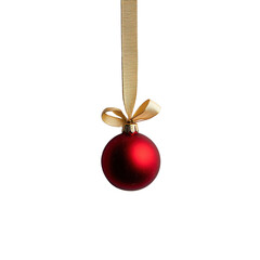 Red Christmas Ornament with Gold Ribbon Hanging Against a White Background