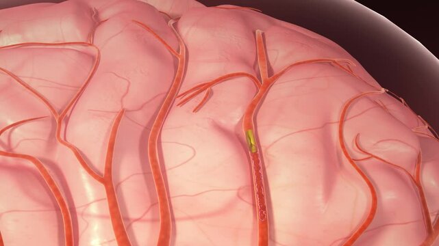 3D animation of ischemic stroke. Arterial thrombosis can block the arteries, leading to brain cell necrosis, brain tissue damage, cerebral infarction, stroke, and cerebral hemorrhage.