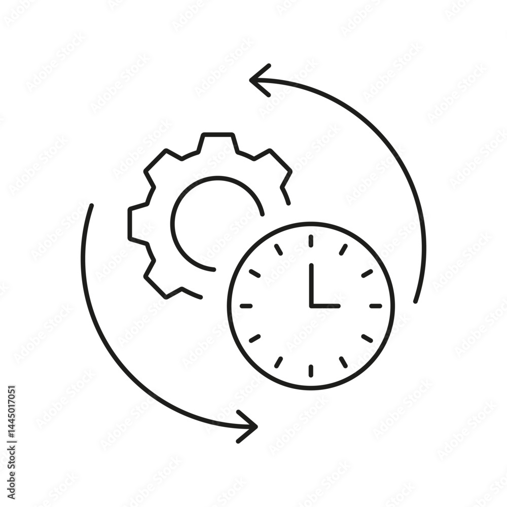 Poster gear and clock with arrows line icon. process optimization and time management outline symbol. workf