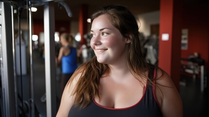 Fototapeta premium Woman struggling with excess weight enjoys the results of her workout at the gym
