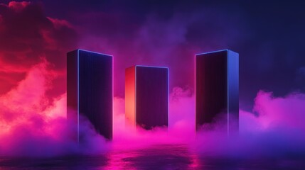 Fototapeta premium Neon towers in cloudscape, futuristic scene, digital art, website banner