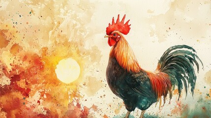 Fototapeta premium Whimsical Watercolor Painting of a Crowned Rooster Against a Glowing Sunset Background