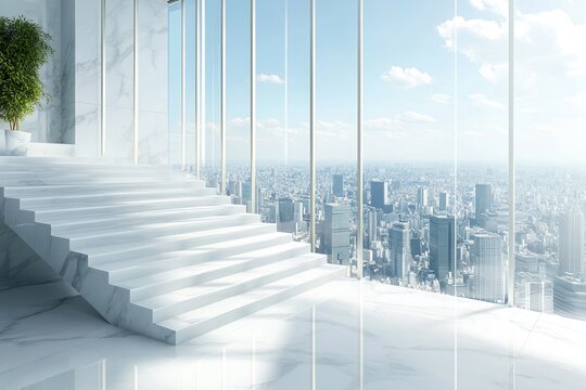 Sleek white marble staircase leading to panoramic city views  Modern, minimalist interior design with expansive windows