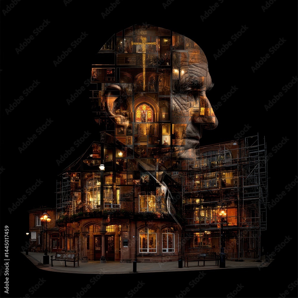 Poster urban architecture double exposure in minimalist style featuring intricate structures and architectu
