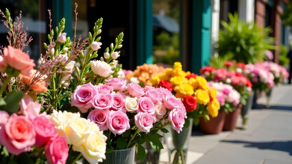 Colorful flower arrangements displayed outside flower shop with pots and bouquets in sunlight, concept of florist marketing garden center, spring decor.