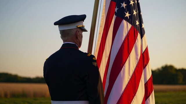Weathered veteran holding american flag, standing at attention during sunset ceremony in tranquil field, embodying patriotic spirit and military honor