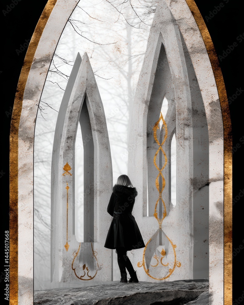 Poster meditative urban architecture with double exposure: a serene moment captured through unique design e