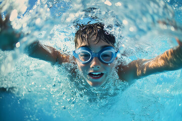 Naklejka premium A joyful boy wearing blue swimming goggles bursts through the water's surface, capturing the thrill of swimming on a sunny day.