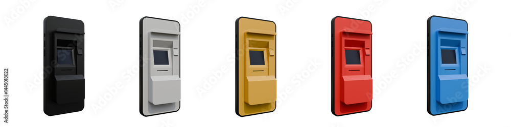 Poster set of atm automated teller machine on smartphone screen. mobile banking elements. online transfer a