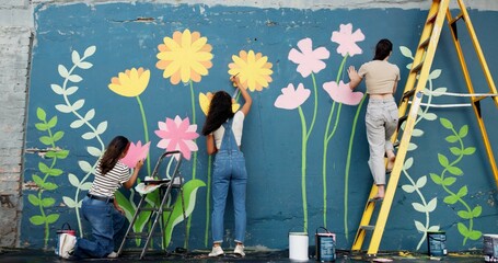 Wall art, women and painting mural outdoor for sustainable awareness, community project or creative...