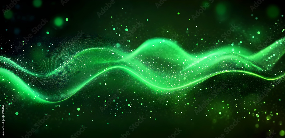 Poster a mesmerizing abstract background featuring flowing green waves with sparkling particles, ideal for 