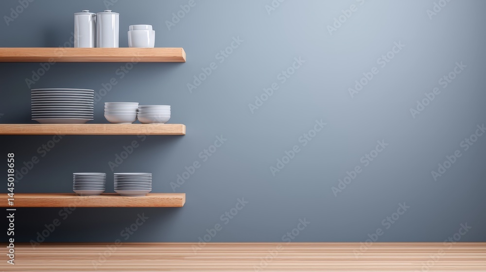Poster minimalist shelf displaying a collection of empty plates in a clean and organized space