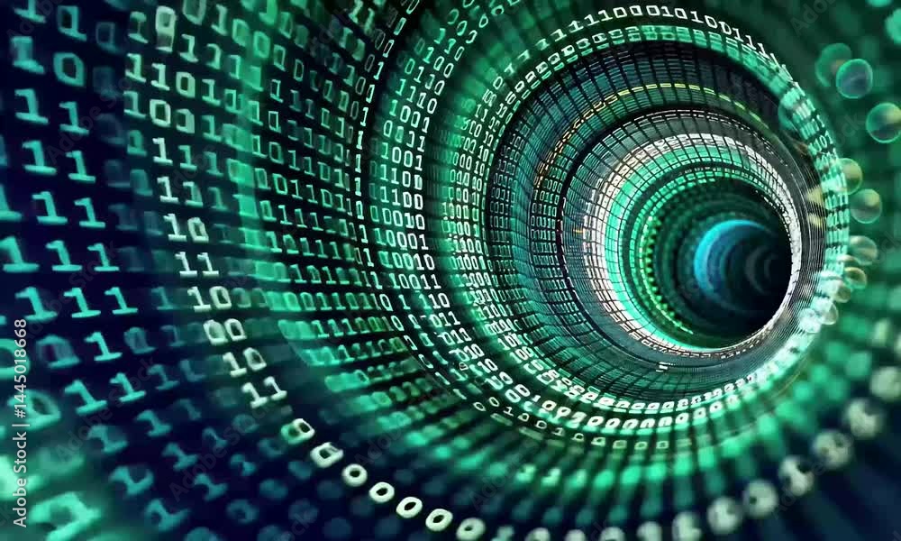 Poster a dynamic spiral of binary numbers glows in vibrant shades of blue and green, illustrating the conce