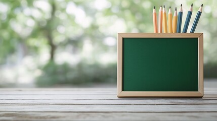 Wooden Framed Green Chalkboard with Colored Pencils on Rustic Table Nature Background