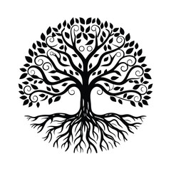Circular Tree of Life Silhouette, Foliage, Branches, Roots Isolated on White