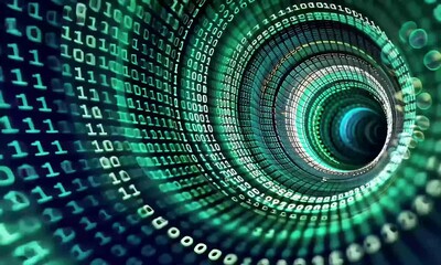 A dynamic spiral of binary numbers glows in vibrant shades of blue and green, illustrating the concept of digital information and technology in a captivating visual format. - Powered by Adobe