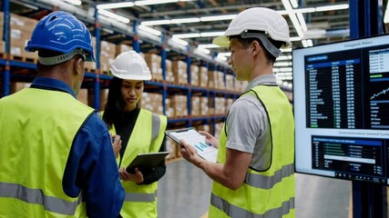 Team of Warehouse Employees Discussing Logistics Using Digital Devices - Powered by Adobe