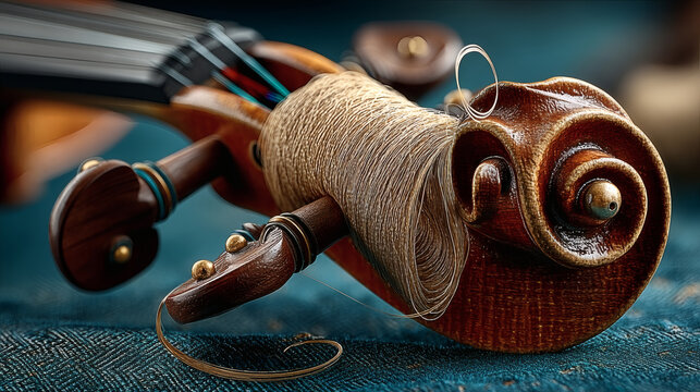 Close-Up of Violin Scroll with Thread and Pegs on Fabric Background