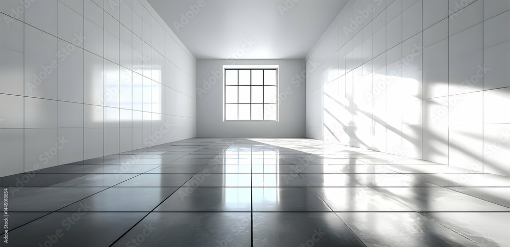 Poster a spacious, bright room with white tiled walls and a large window, casting soft shadows on the polis
