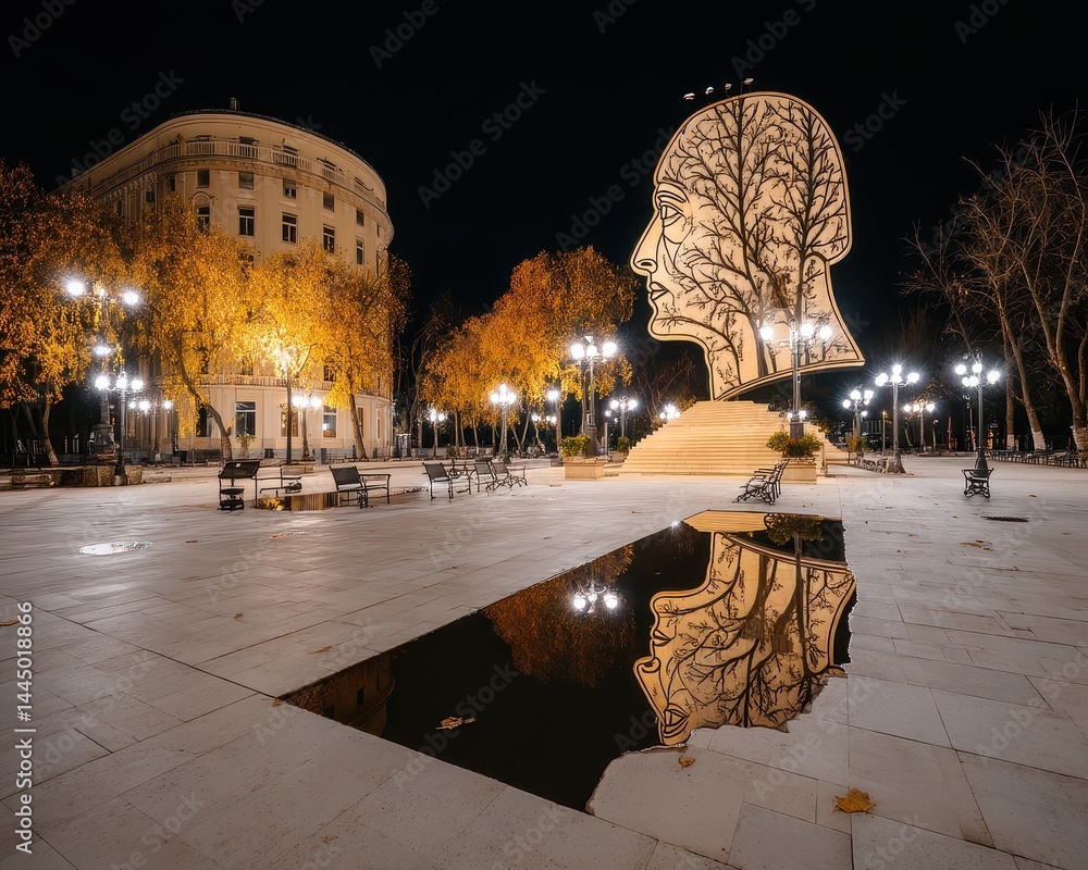 Poster urban architecture with double exposure effect capturing a contemplative scene at night highlighting