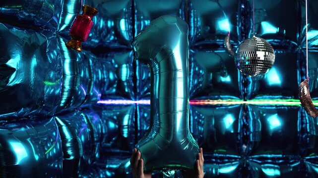 Celebration Party with Number 1 Foil Balloon, Disco Elements, and Lights