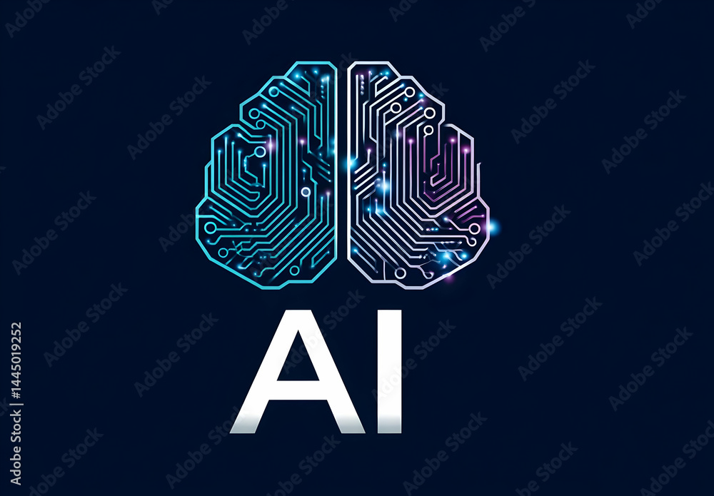 Poster a futuristic brain design featuring intricate circuit patterns in blue and purple, symbolizing artif