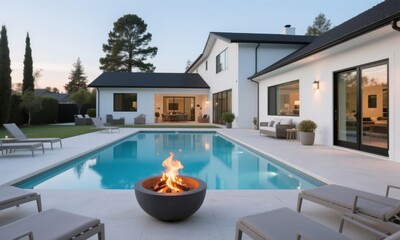 House with swimming pool and fire pit in backyard